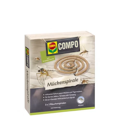 Förpackning med COMPO myggspiraler, 5 × 2 rökspiraler med hållare